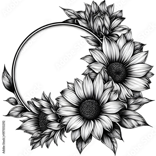 Black and white illustration of sunflowers in a circular arrangement with space for text