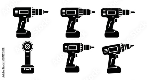 Set of Black Power Drill Icons Vector Illustration, Tools Collection