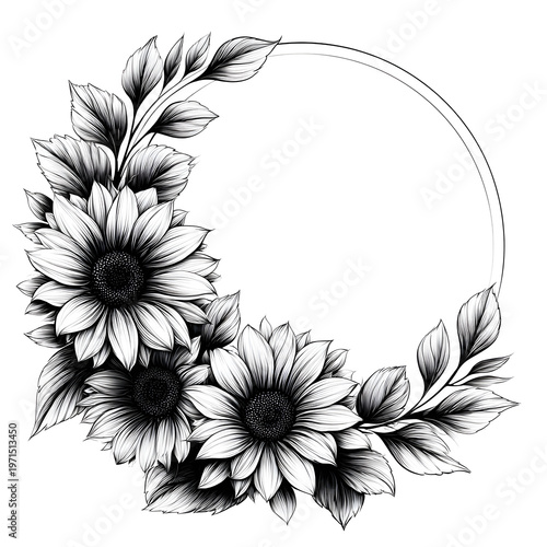 Sunflowers and leaves arranged in a circular design for decoration or illustration purposes