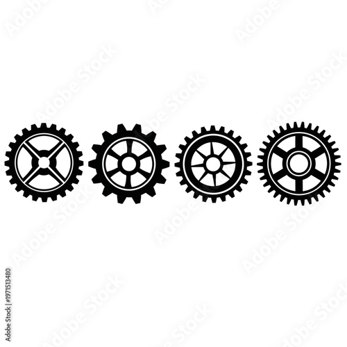 Set of four black gears on white background, industrial concept