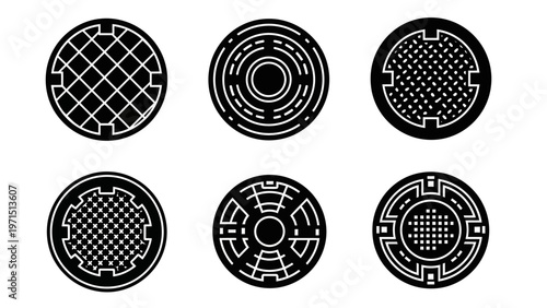 Set of Six Circular Manhole Cover Designs, Black and White Icons
