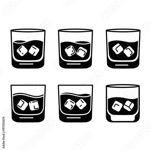 Set of Six Whiskey Glasses with Ice Cubes, Minimalist Line Art Icons