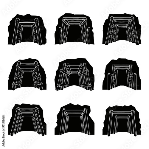 Set of tunnel entrances, mine shafts, and underground passage icons