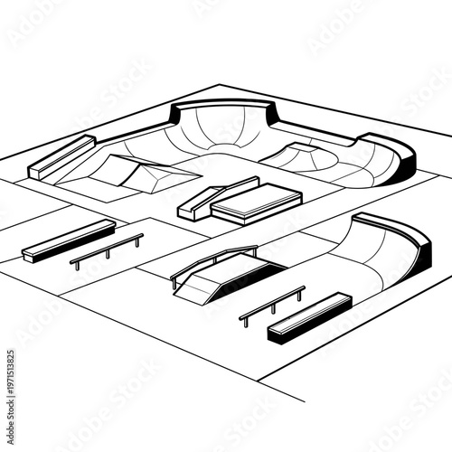 Skatepark Isometric Illustration: Ramps, Rails, and Bowls