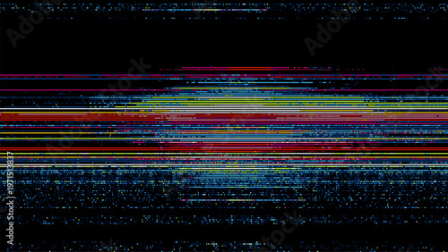 Glitch background with colorful horizontal lines on black screen. Digital noise effect with signal distortion for abstract design. Cyberpunk computer interference texture vector graphic.