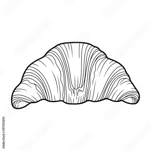 A black and white line art illustration of a flaky croissant pastry on a white background