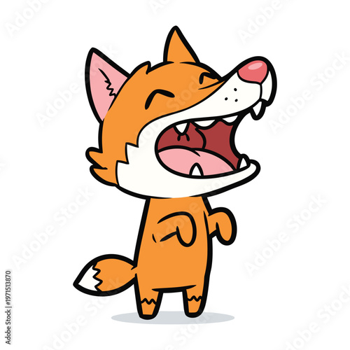 Cartoon orange fox laughing out loud with its mouth wide open and its eyes closed tight.