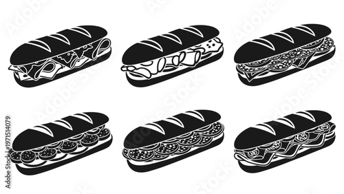 Sub Sandwich Variety Vector Icons - Fresh Ingredients, Fast Food Design Elements