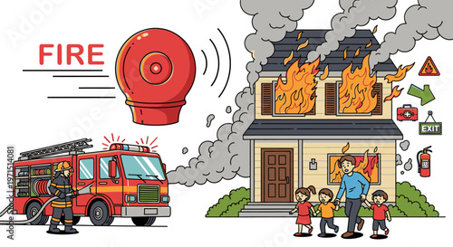 Illustration of a family standing outside a burning house with a fire truck arriving and a fire alarm blaring in the air.
