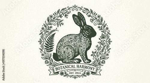 Detailed black rabbit logo with floral wreath and botanical harmony banner on cream background