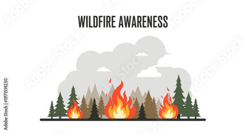 Graphic illustration of a wildfire burning in a forest with smoke rising, conveying a sense of danger and urgency on a white background.