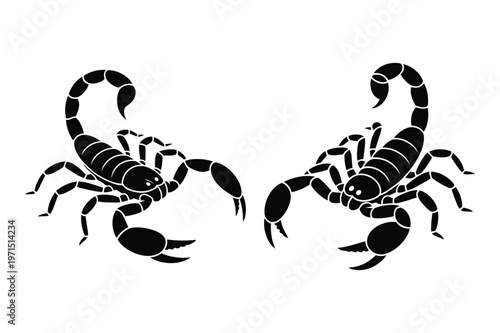 Two scorpions facing each other with raised tails and claws, black silhouette