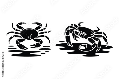 Two black silhouette crabs on white background