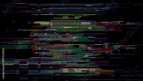 Glitch background with colorful digital horizontal lines. Abstract technology frame with pixelated signal distortion effect. Data interference texture for modern computer interface graphic.