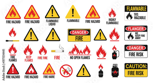 Collection of assorted fire hazard warning signs and symbols on a white background with cautionary messages.