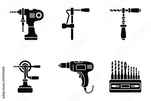 Variety of drill and tool icons for construction and diy