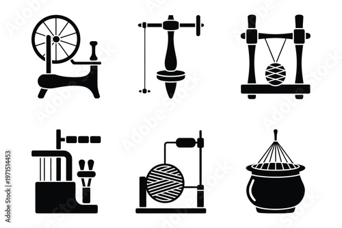 Spinning wheel, spindle, bobbin, and weaver loom vector icons