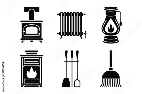 Vintage stove, radiator, lantern, fireplace tools, and broom vector icons