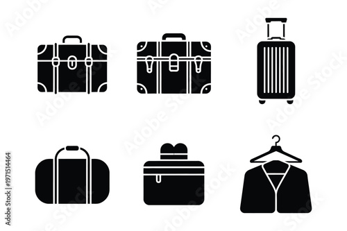 Suitcase, duffel bag, hat box, and hanger vector icons
