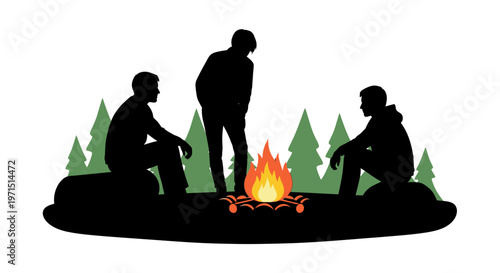 Silhouette of three people sitting and standing around a campfire in a forest with pine trees in the background against a white background.