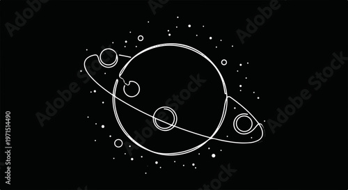 Minimalist planet, astronomy icon, white line art, space illustration, celestial body