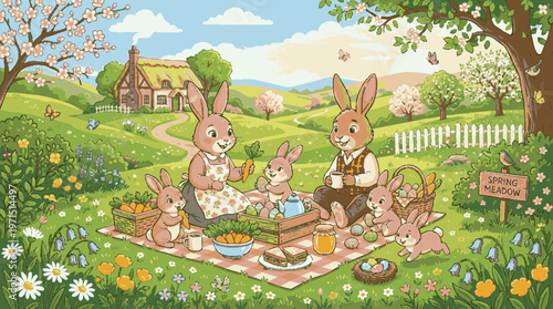 Cute rabbit family enjoys picnic on sunny spring day with tea and cakes on checkered blanket in lush green meadow with daisies