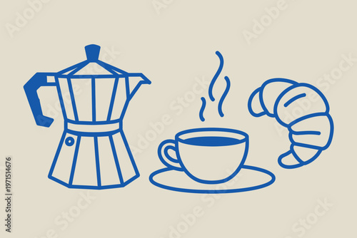 Minimalist blue line art illustration of a moka pot, coffee cup, and croissant outline sketch vector illustration design