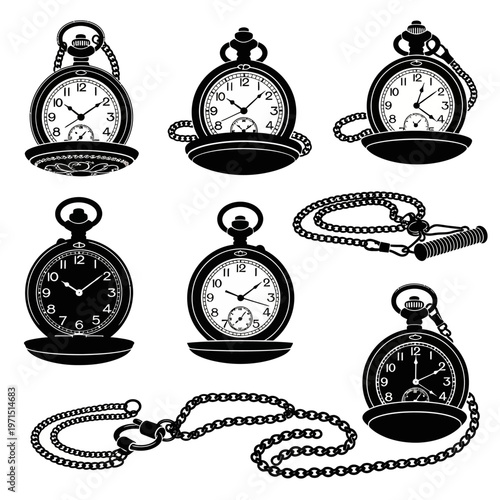 Vintage Pocket Watch Collection Silhouette Set