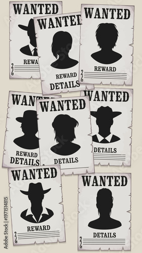 Wanted Posters Collection: Outlaw Silhouettes and Reward Details