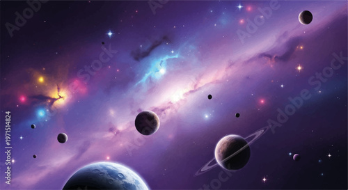 Galactic, Space Background, Purple Nebula, Planets and Stars