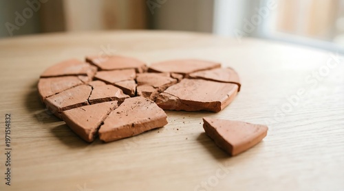 Shattered clay heart pieces scattered on a wooden table, symbolizing profound heartbreak and the difficult journey of emotional mending