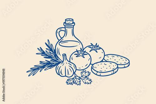 Line art illustration of fresh mediterranean ingredients with olive oil outline sketch vector illustration design