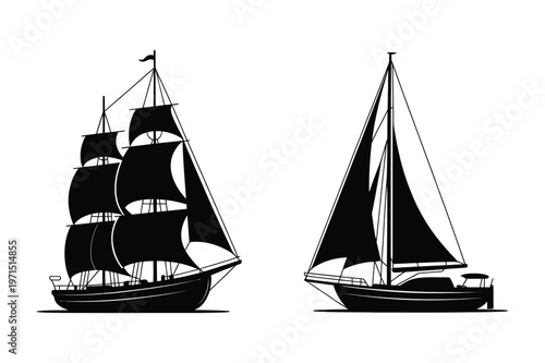 Vintage tall ship and modern sailboat silhouettes
