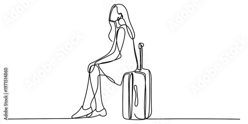 A continuous line drawing of a woman sitting on her luggage waiting at a busy airport terminal Vector, illustration