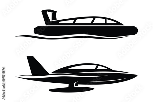 Hovercraft and futuristic jet silhouette illustrations