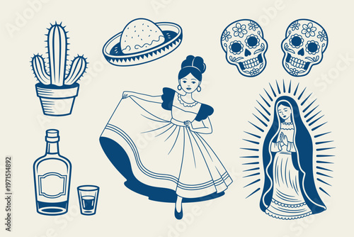 Mexican culture icons set isolated on white background outline sketch vector illustration design