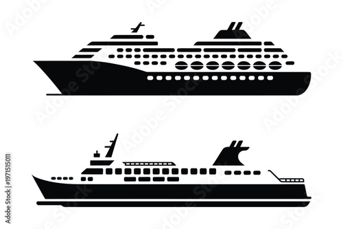 Cruise ship and ferry boat vector silhouettes