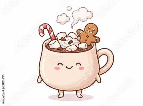 A cute kawaii hot chocolate mug with marshmallows, a candy cane, and a gingerbread man, steaming merrily.