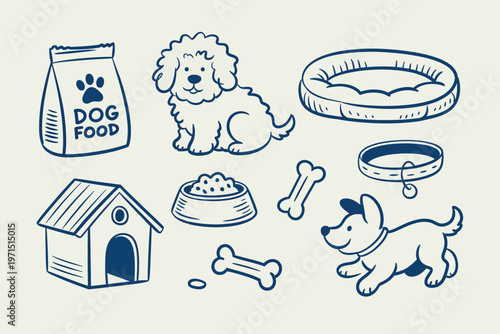 Set of handdrawn dog care icons isolated on white background outline sketch vector illustration design