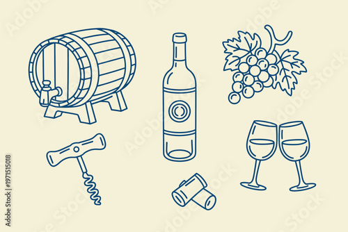 Set of wine icons including a barrel, bottle, grapes, corkscrew, and glasses outline sketch vector illustration design