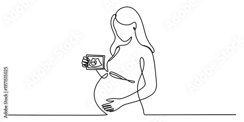 Continuous line drawing of a pregnant woman holding a sonogram of her unborn baby with happiness Vector, illustration