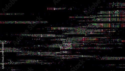 Abstract glitch background with colorful digital noise and pixelated interference. Graphic pattern for modern technology, science fiction, cyber security and video signal disruption design.