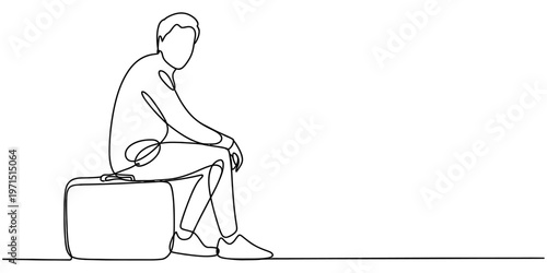 A continuous line drawing of a man sitting on a suitcase waiting for his departure at the airport Vector, illustration