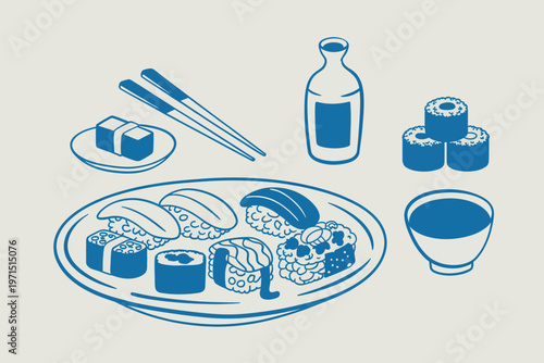 Blue line art illustration of a sushi set with chopsticks and sake bottle outline sketch vector illustration design