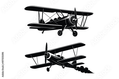 Two black silhouette biplane airplanes with double decker