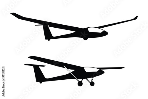 Sailplane gliders silhouettes set showing aircraft in flight and landing