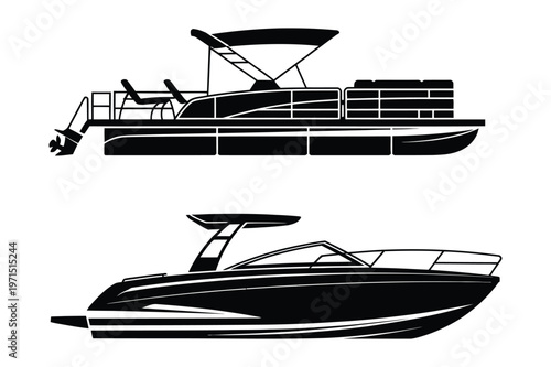 Pontoon boat and speedboat silhouettes vector illustration