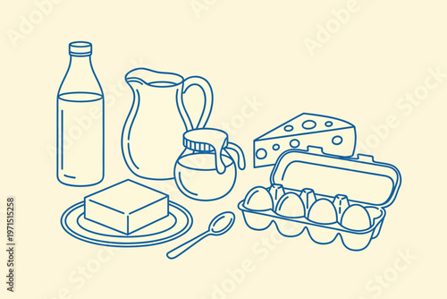 Set of various dairy products and eggs in line art style outline sketch vector illustration design