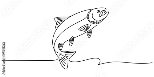 A minimalist black and white line art drawing of a leaping fish on a clean white background area. Vector, illustration