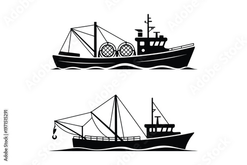 Commercial fishing boats with nets and crane silhouettes vector illustration
